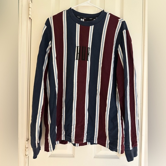 HUF Mens Shirt Sz M Blue Burgundy Striped Front Logo Round Neck Long Sleeve - Picture 1 of 4